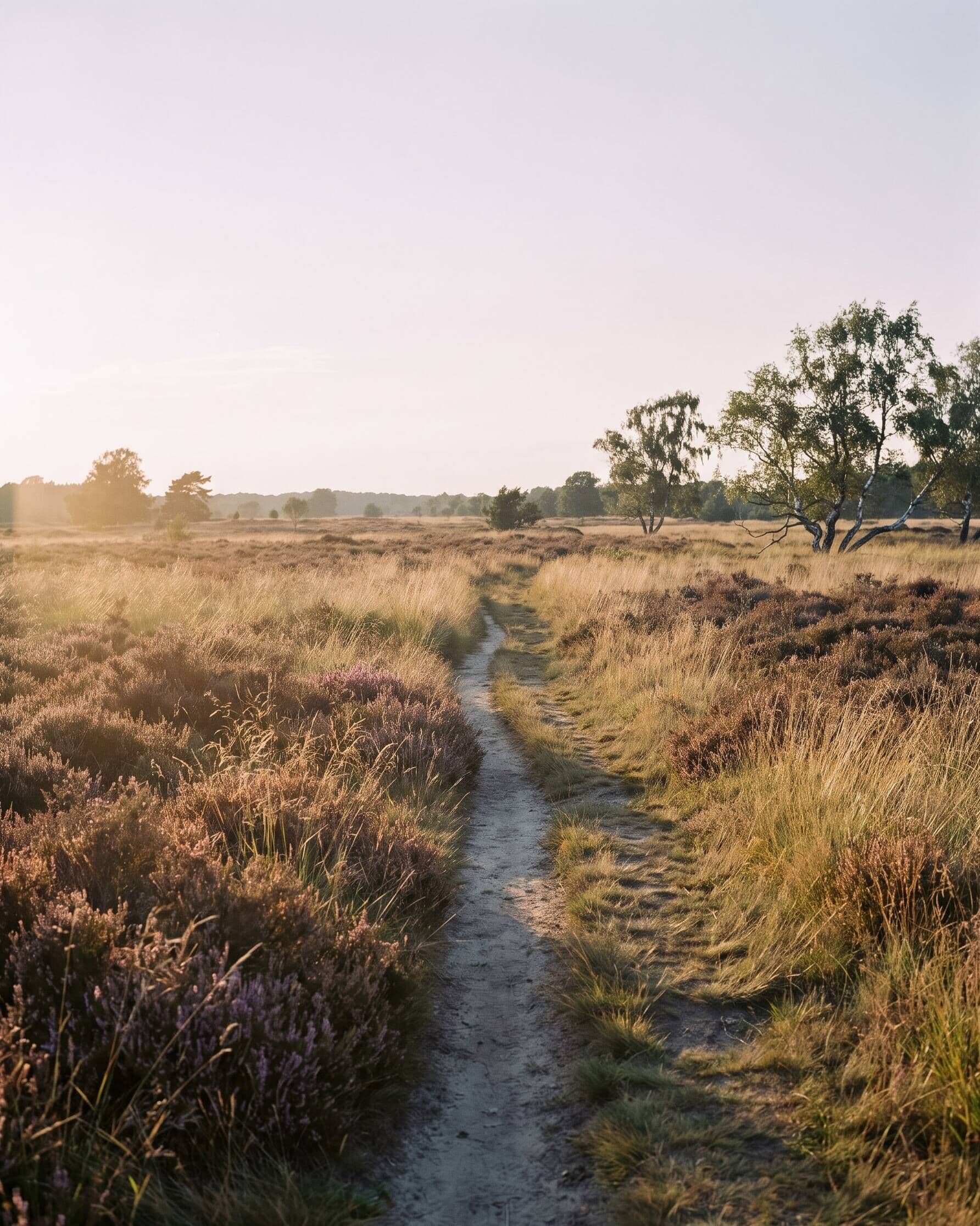 Schmaler Sandweg durch blühende Heide und Gräser, im Hintergrund einzelne Birken